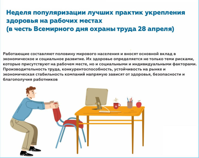 Неделя популяризации лучших практик укрепления здоровья на рабочих местах (в честь Всемирного дня охраны труда 28 апреля) Неделя популяризации лучших практик укрепления здоровья на рабочих местах (в честь Всемирного дня охраны труда 28 апреля).